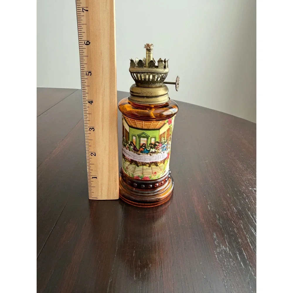 Vintage Amber Glass Miniature‎ Oil Lamp The Last Supper Religious Lantern 6 inch